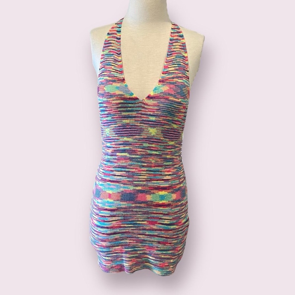 Multicolor Rainbow knit halter mini dress